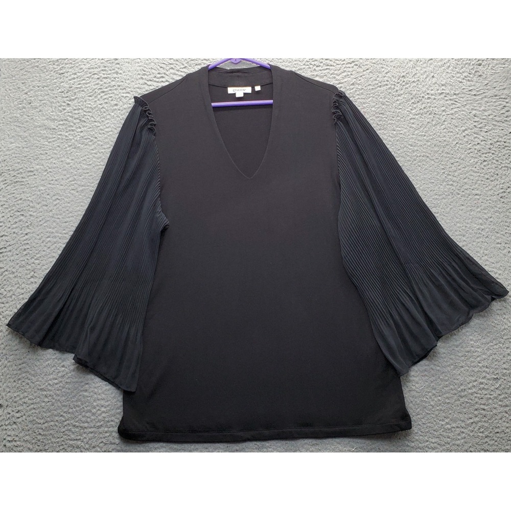 Chico's Blouse Top Womens L Black Dramatic Pleated Bell Sleeve V-Neck Pullover